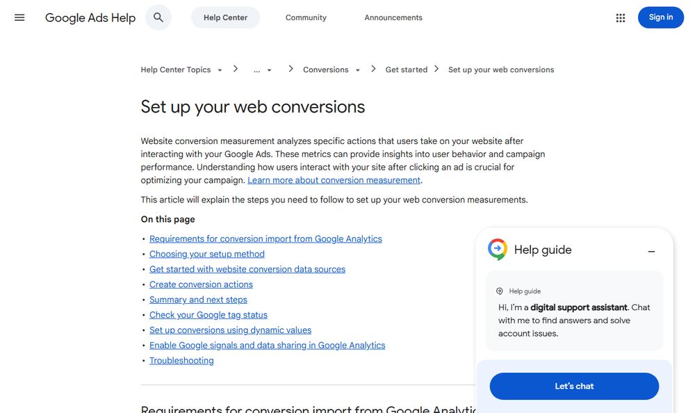 Google Ads HelpのWebコンバージョン設定ページ