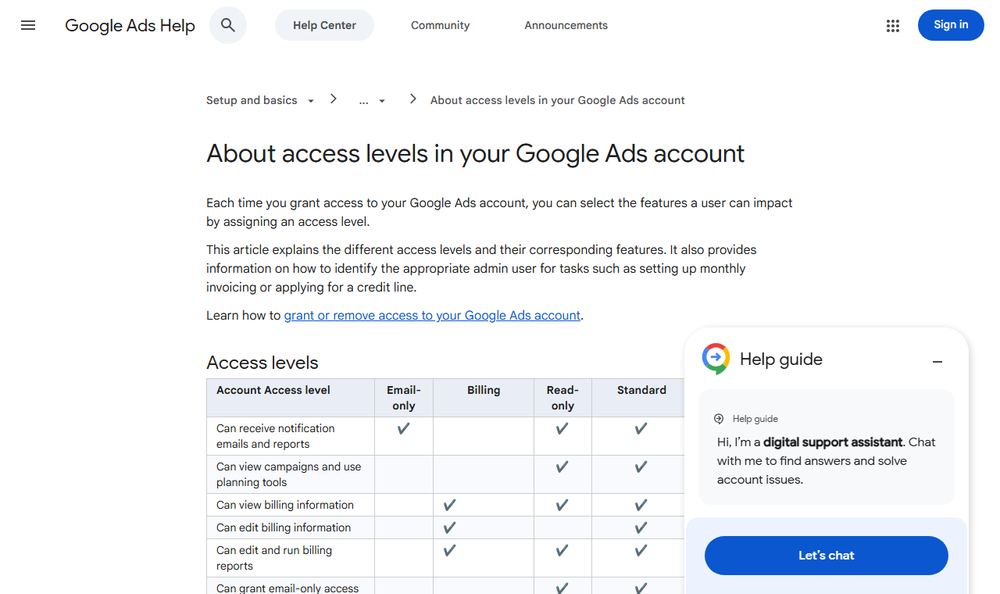 Google Ads Helpのアクセスレベルページ