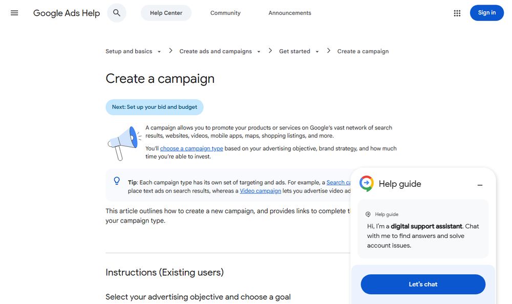 Google Ads Helpのキャンペーン作成ページ