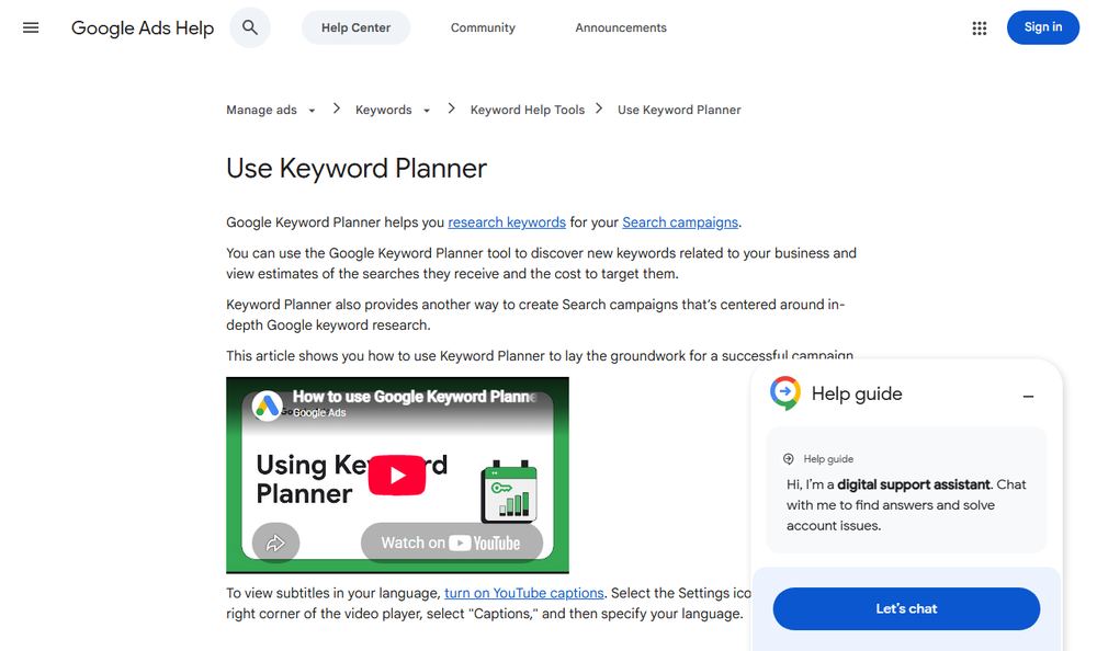 Google Ads HelpのKeyword Planner解説ページ