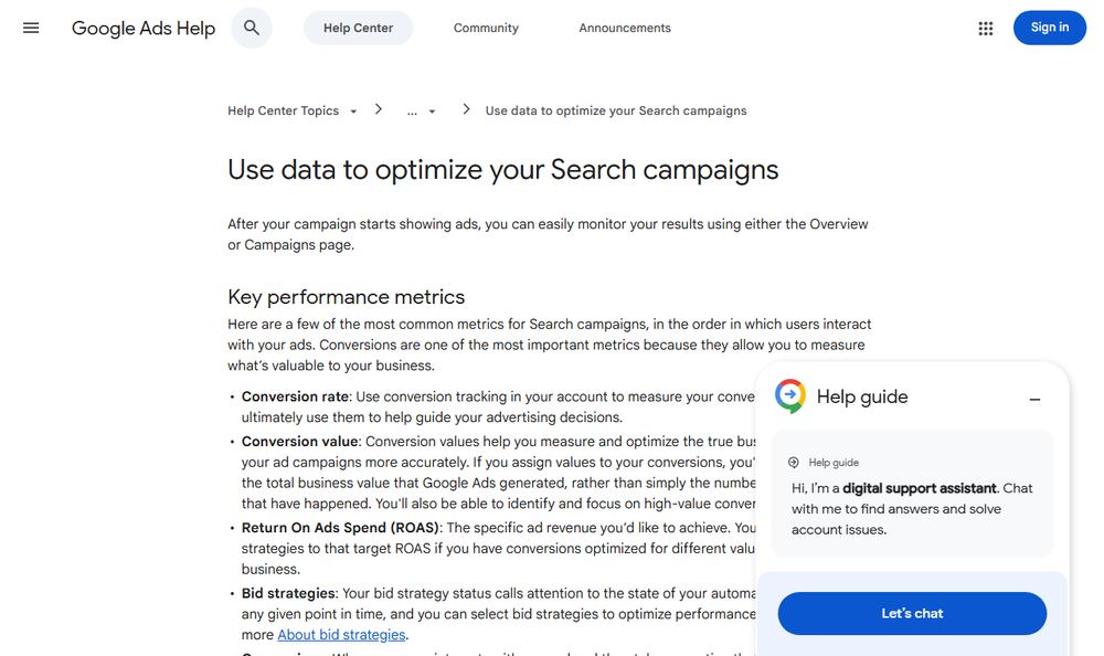 Google Ads Helpの検索キャンペーン最適化ページ