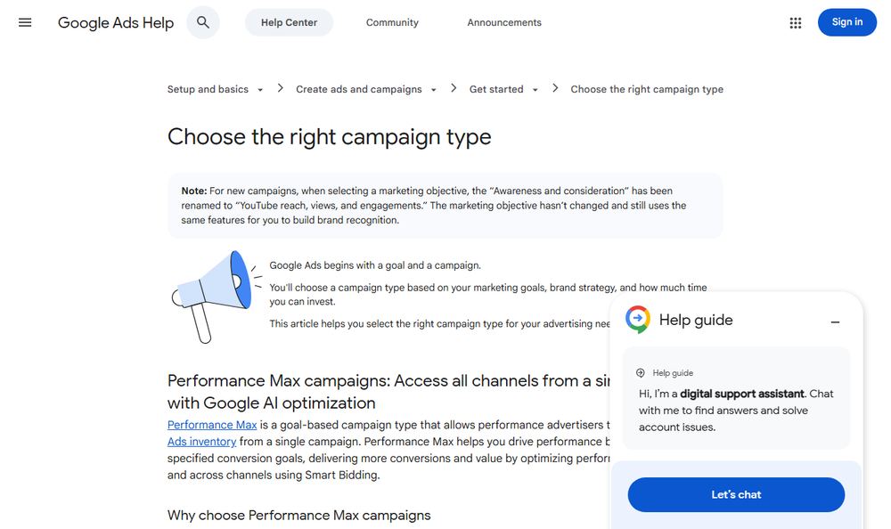 Google Ads Helpのキャンペーンタイプ解説ページ