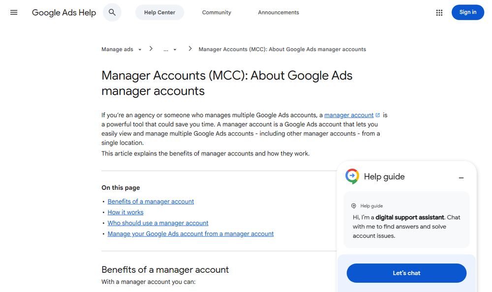 Google Ads Helpのmanager accountページ