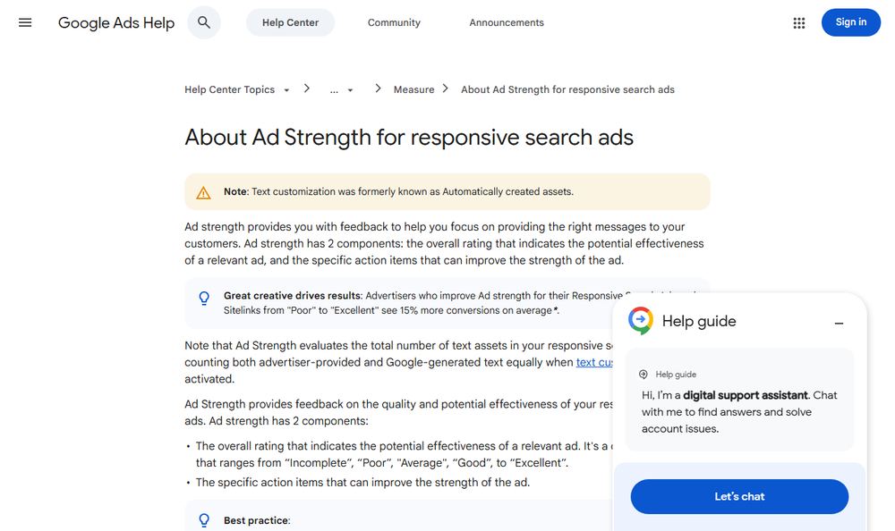 Google Ads Help「About Ad Strength for responsive search ads」のファーストビュー