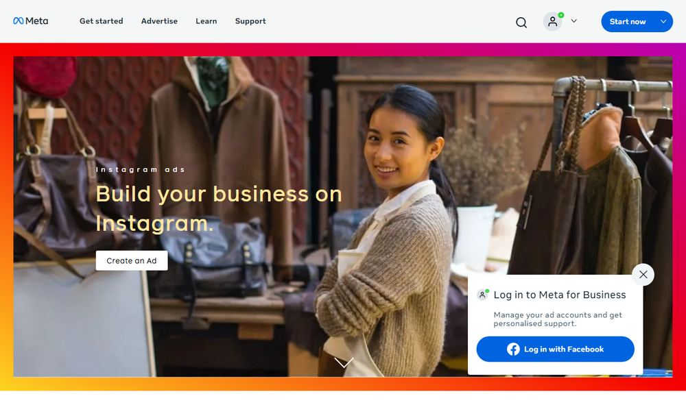 Meta for BusinessのInstagram広告ページ