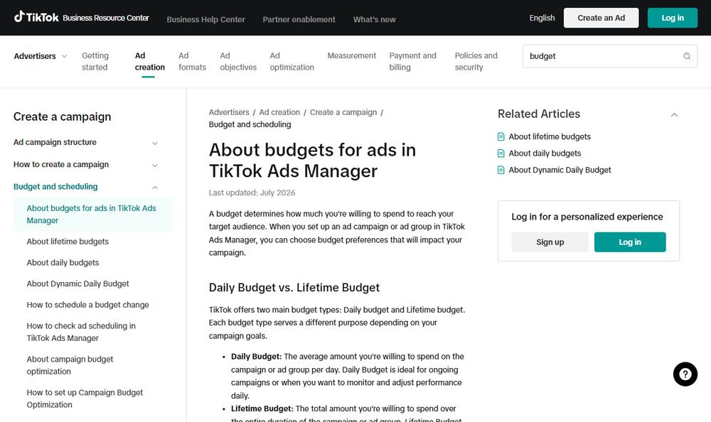 TikTok Ads Manager Helpの広告予算ページ