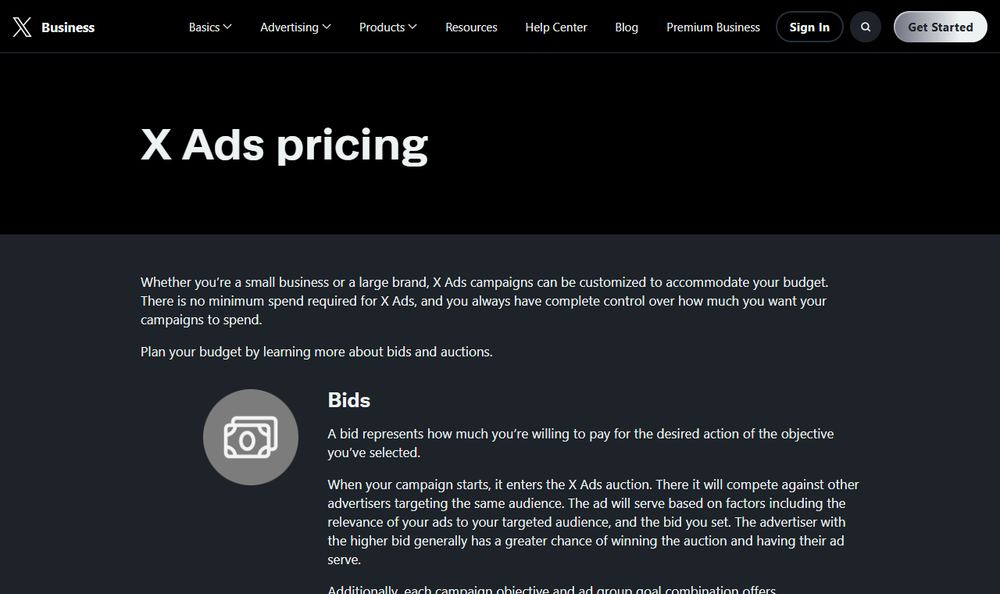 X BusinessのX Ads pricingページ
