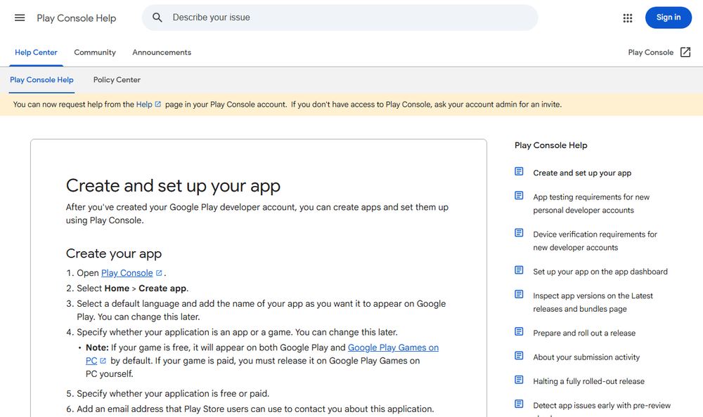 Google Play Console Helpのアプリ設定ページ