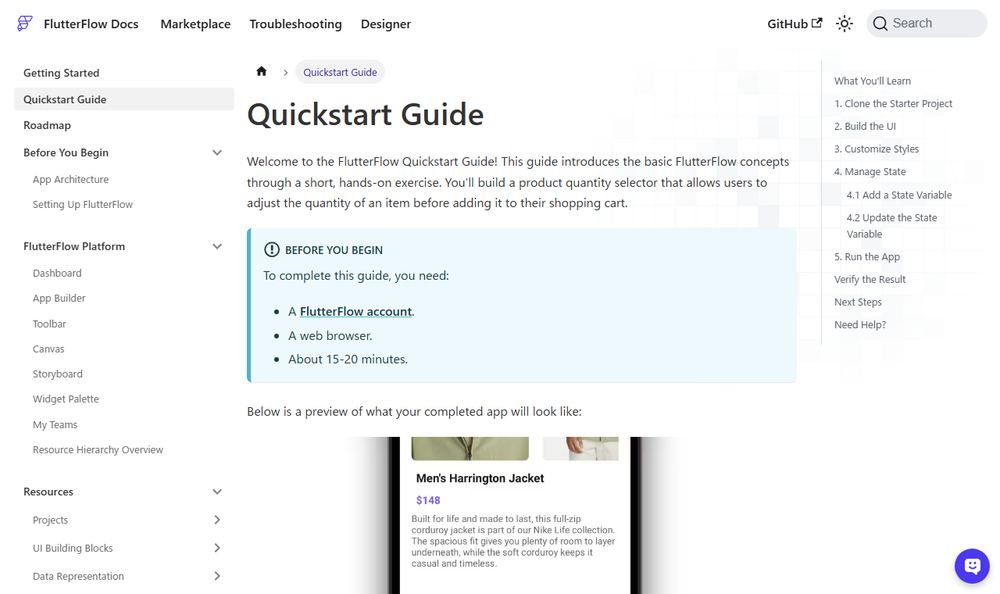 FlutterFlow DocumentationのQuickstartページ