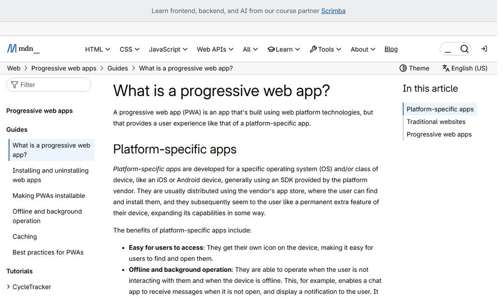 MDNのWhat is a progressive web appページ