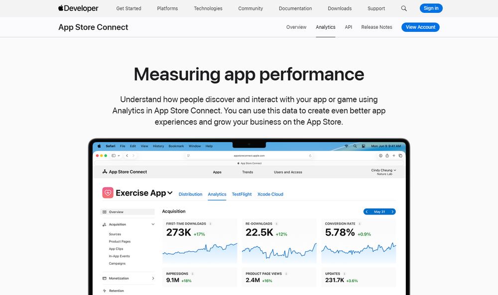 Apple DeveloperのApp Analytics公式ページ