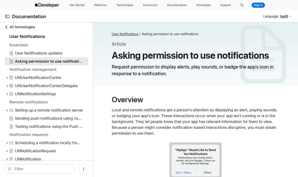 Apple Developerの通知許可解説ページ