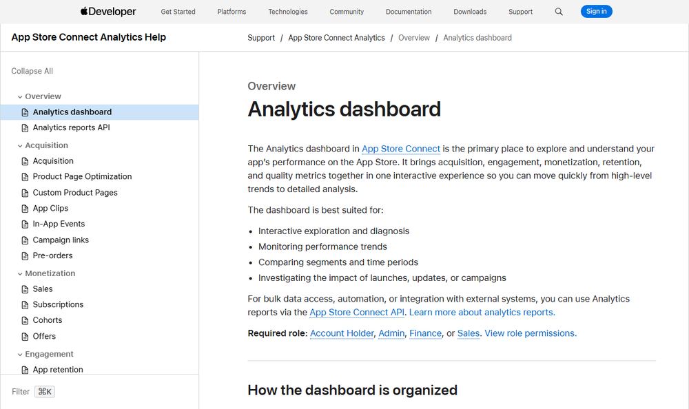 Apple DeveloperのAnalytics dashboard解説ページ