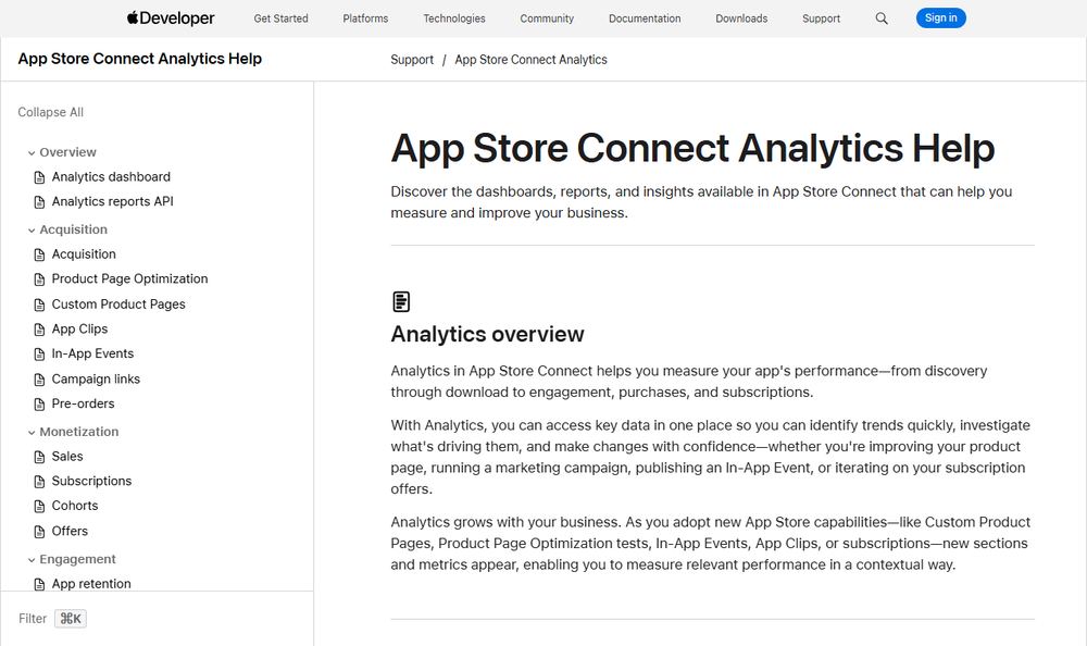 Apple DeveloperのApp Store Connect Analytics解説ページ