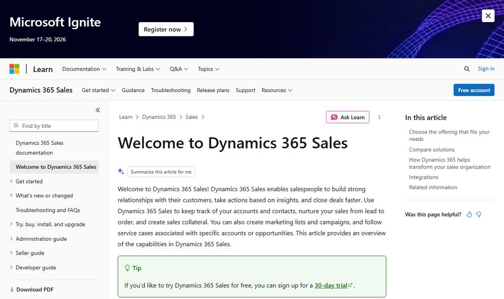 Microsoft LearnのDynamics 365 Sales概要ページ