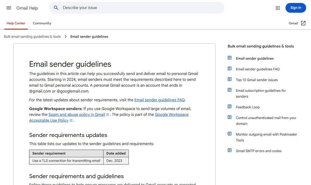 Gmail HelpのEmail sender guidelinesページ