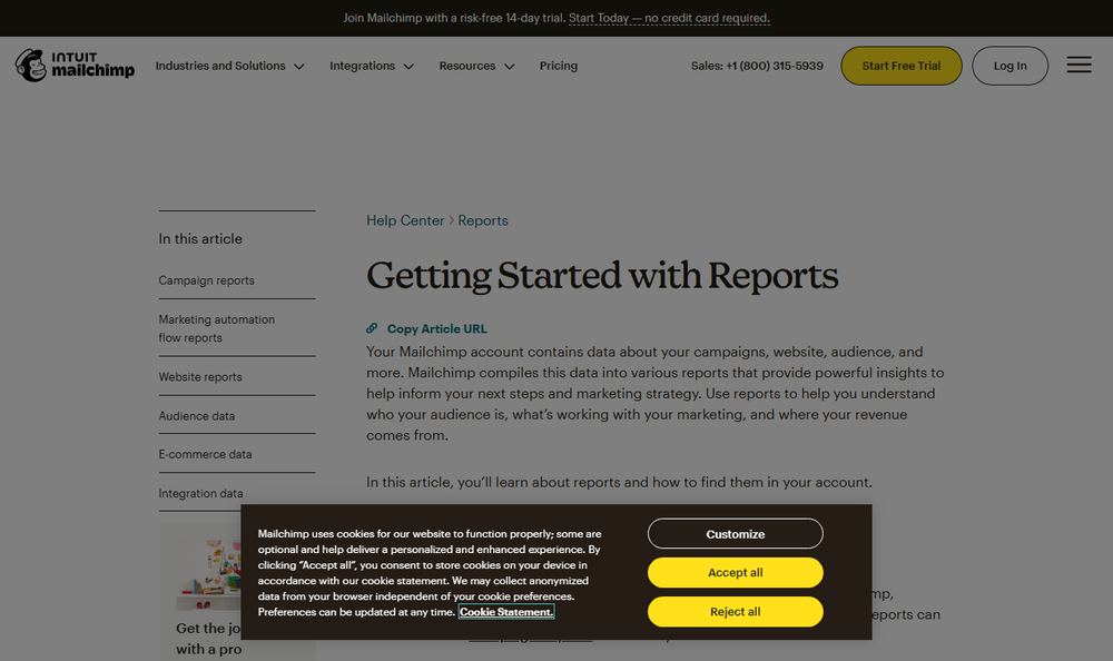 MailchimpのGetting Started with Reportsページ