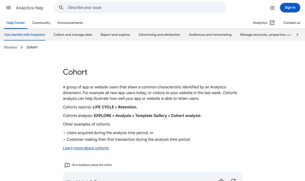 Google Analytics HelpのCohortページ