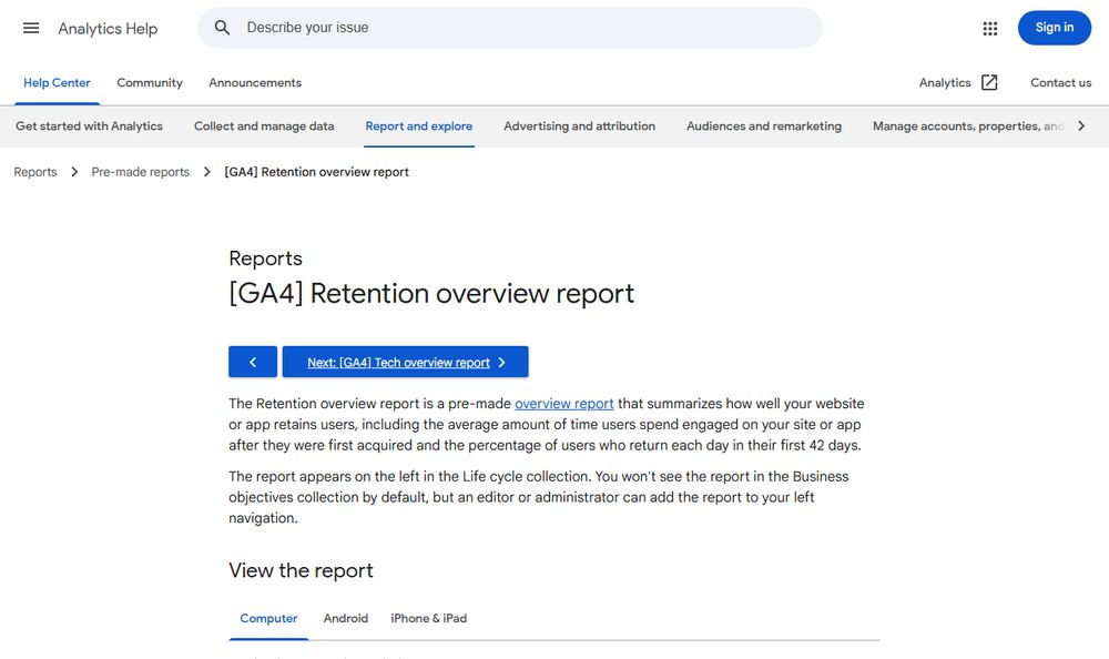 Google Analytics HelpのRetention overview reportページ
