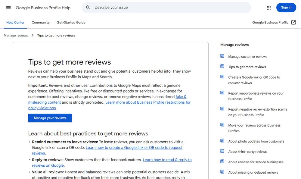 Google Business Profile Helpの口コミガイドページ