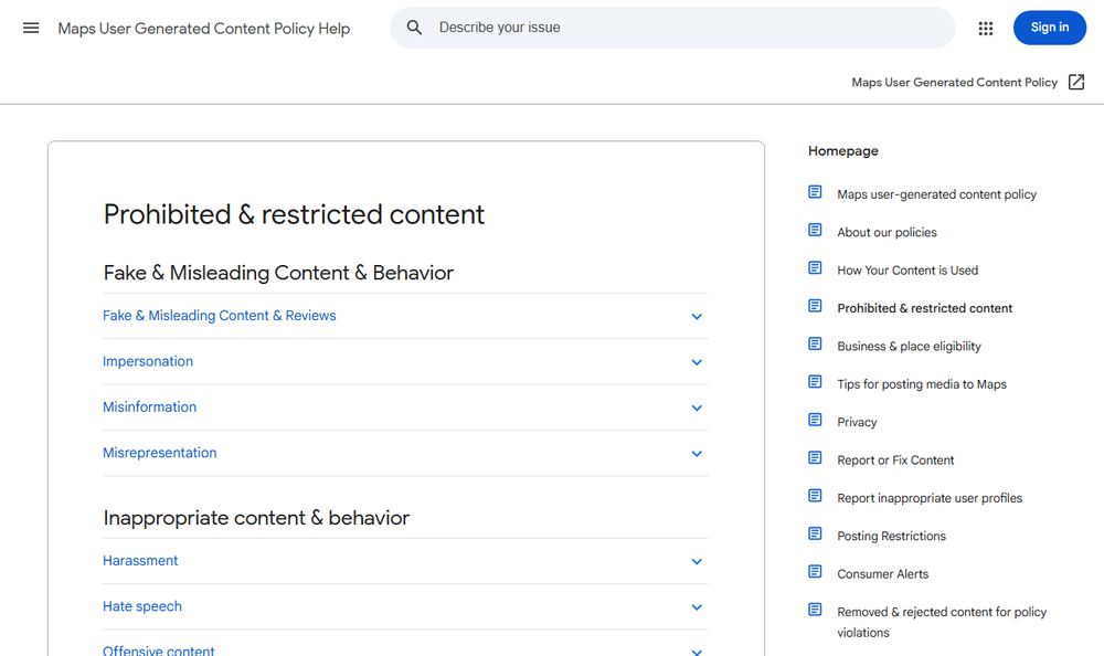 Google MapsのProhibited and restricted contentページ
