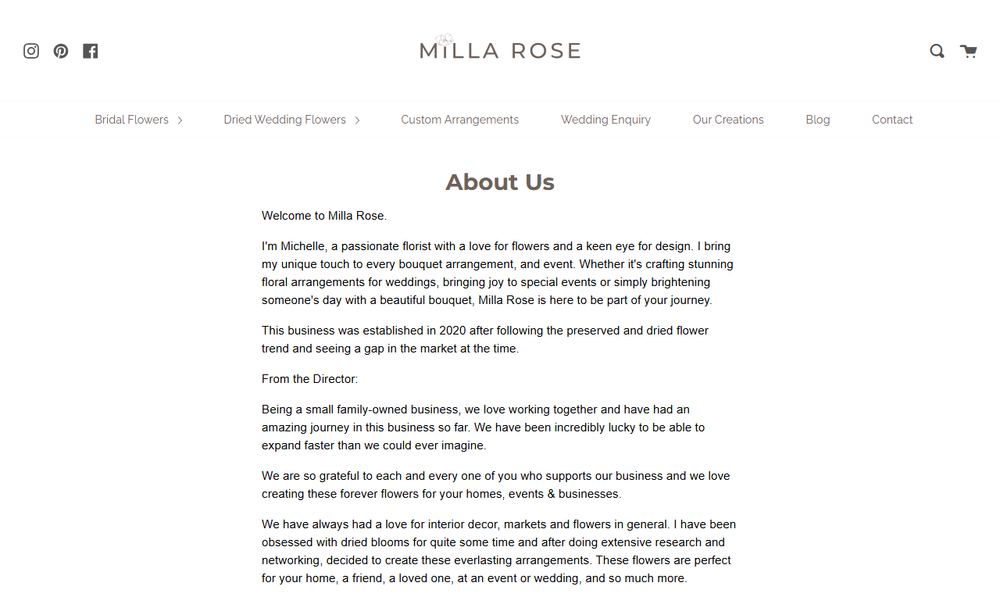 Milla Rose の公式サイト「About Milla Rose」のファーストビュー