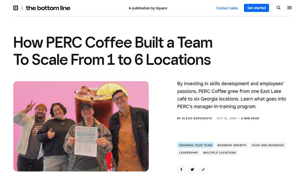 Square「How PERC Coffee Built a Team To Scale From 1 to 6 Locations」のファーストビュー