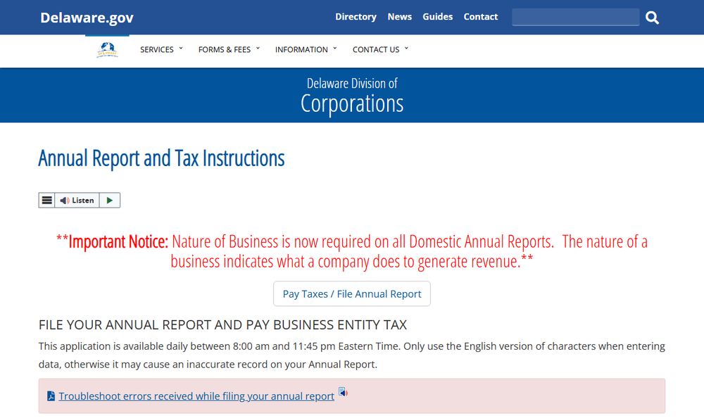 デラウェア州 Division of Corporations 公式ページ「Annual Report and Tax Instructions」のファーストビュー