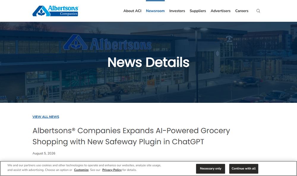 Albertsons Companies公式プレスリリース「Albertsons® Companies Expands AI-Powered Grocery Shopping with New Safeway Plugin in ChatGPT」のファーストビュー