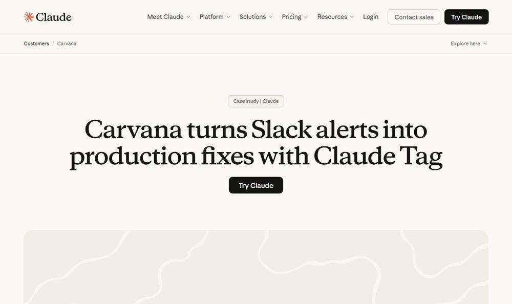 Claude 導入事例「Carvana turns Slack alerts into production fixes with Claude Tag」のファーストビュー
