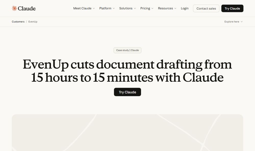 Claude 導入事例「EvenUp cuts document drafting from 15 hours to 15 minutes with Claude」のファーストビュー