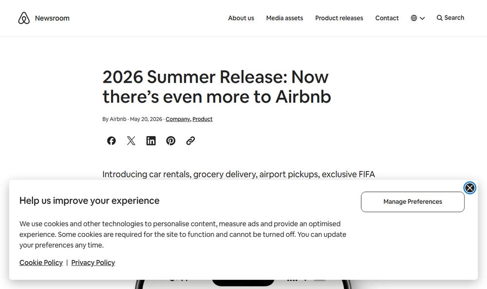 Airbnb Newsroom「2026 Summer Release」のファーストビュー