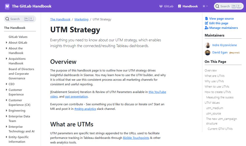 The GitLab Handbook「UTM Strategy」のファーストビュー