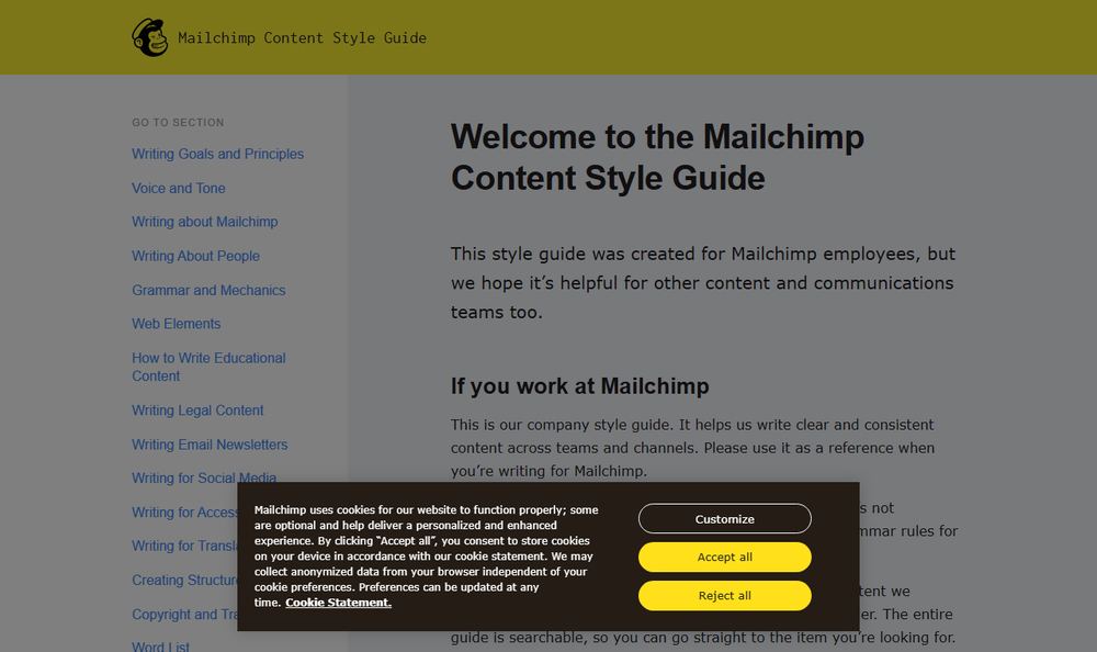 Mailchimp Content Style Guideのトップページのファーストビュー
