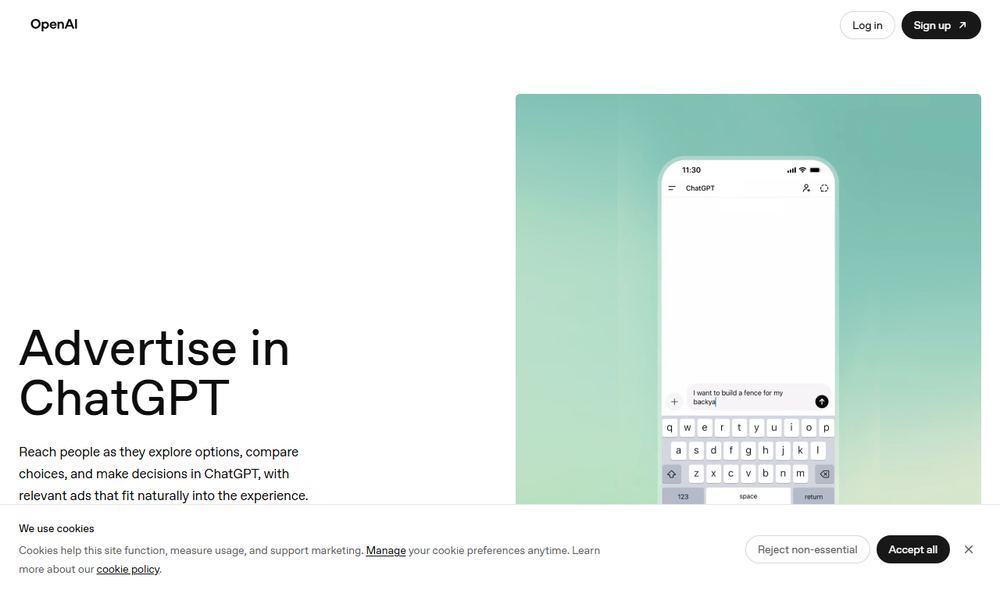 OpenAIの広告主向け公式ページ「Advertise in ChatGPT」のファーストビュー