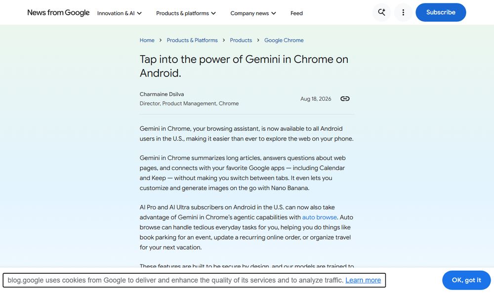 Google公式ブログ「Gemini in Chrome on Android」のファーストビュー