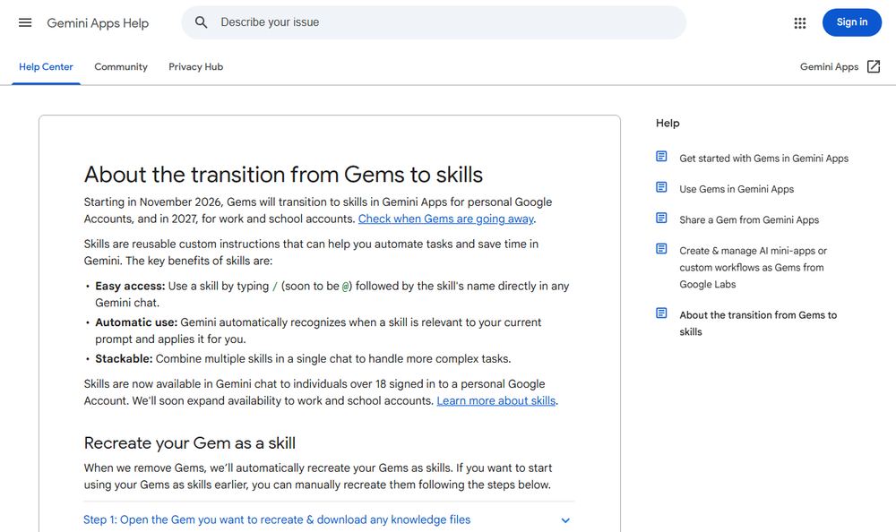 Gemini Apps Help「About the transition from Gems to skills」のファーストビュー