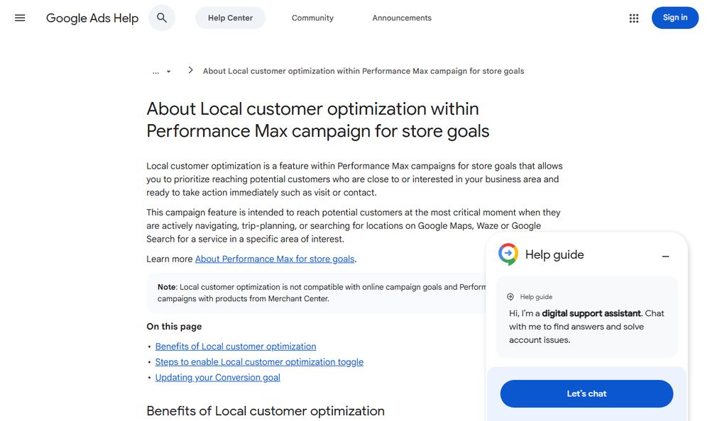 Google 広告ヘルプ「About Local customer optimization within Performance Max campaign for store goals」のファーストビュー