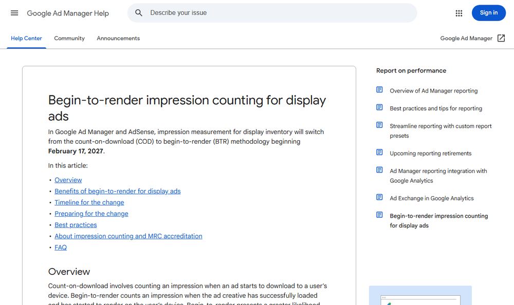 Google Ad Managerヘルプ「Begin-to-render impression counting for display ads」のファーストビュー