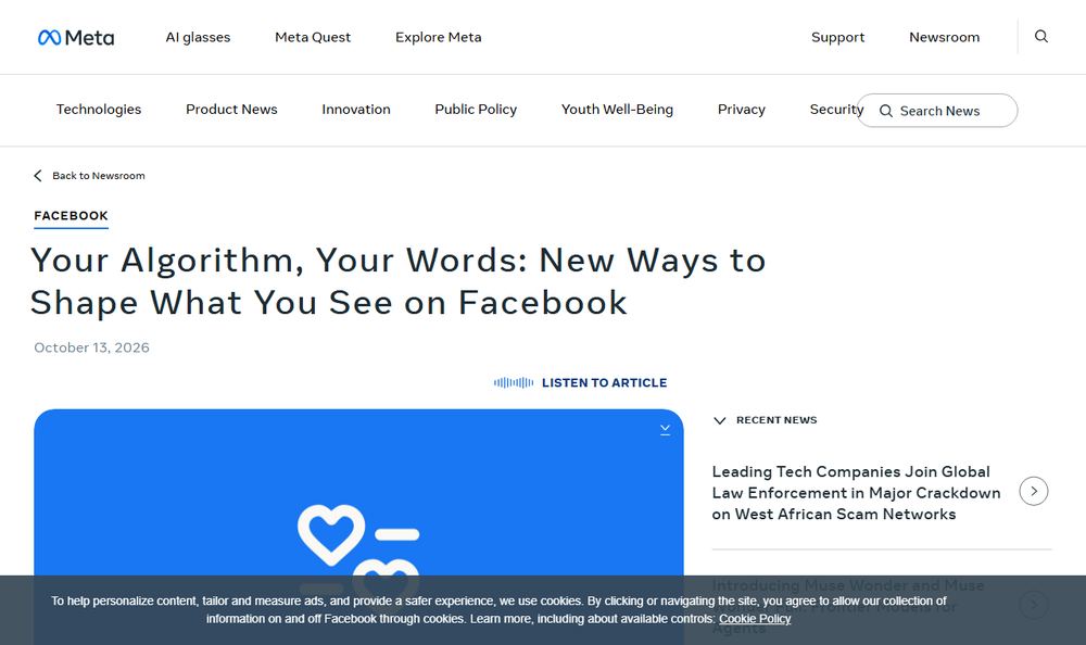 Meta Newsroom「Your Algorithm, Your Words: New Ways to Shape What You See on Facebook」のファーストビュー