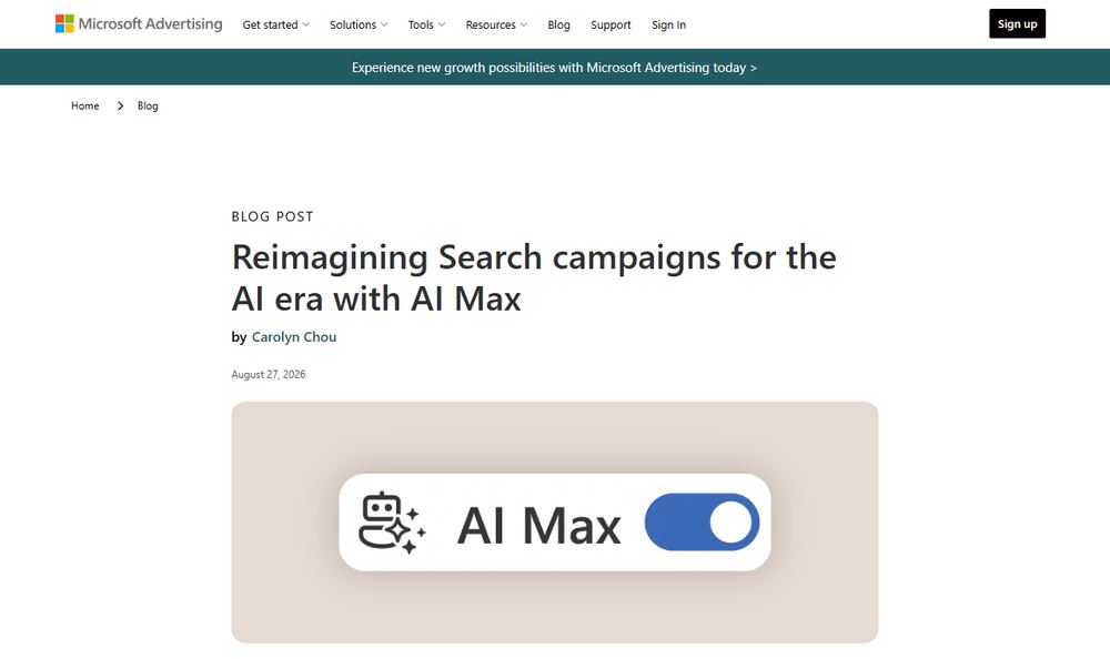Microsoft Advertising公式ブログのAI Max発表ページのファーストビュー