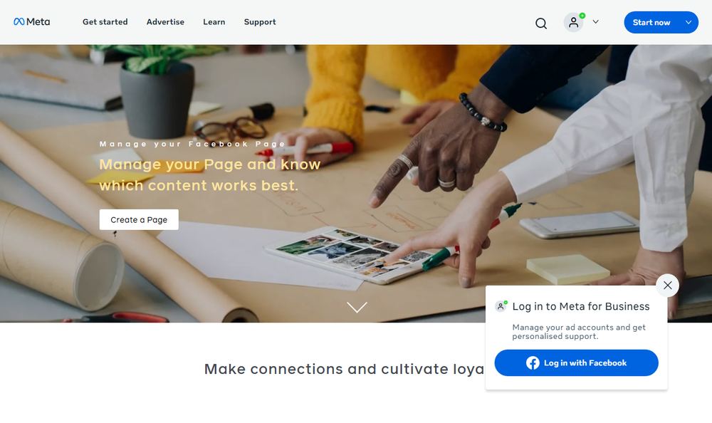 Meta for BusinessのManage your Facebook Page公式ページのファーストビュー