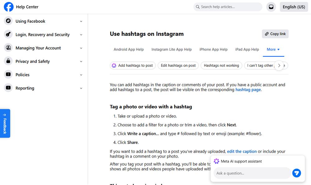 Instagram公式ヘルプのUse hashtags on Instagramページのファーストビュー