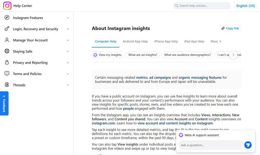 Instagram公式ヘルプのInstagram Insights解説ページのファーストビュー