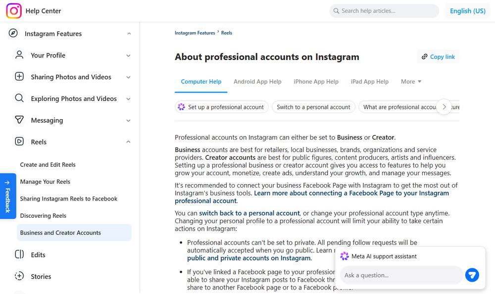 Instagram公式ヘルプのProfessional accounts解説ページのファーストビュー