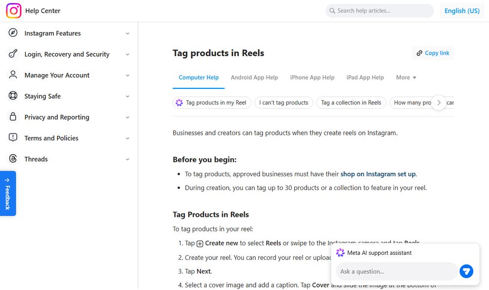 Instagram公式ヘルプのTag products in Reelsページのファーストビュー