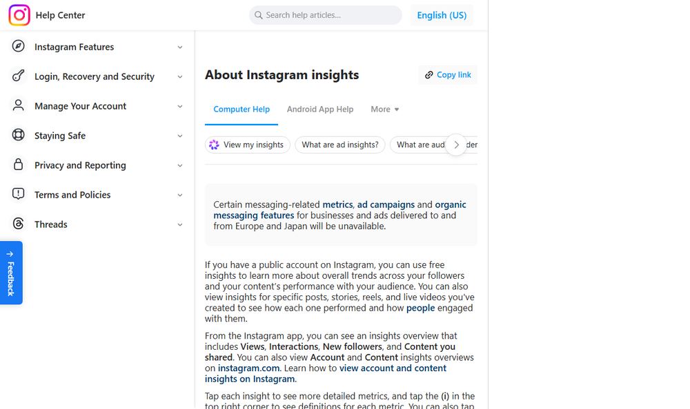 Instagram公式ヘルプのInstagram Insights解説ページのファーストビュー