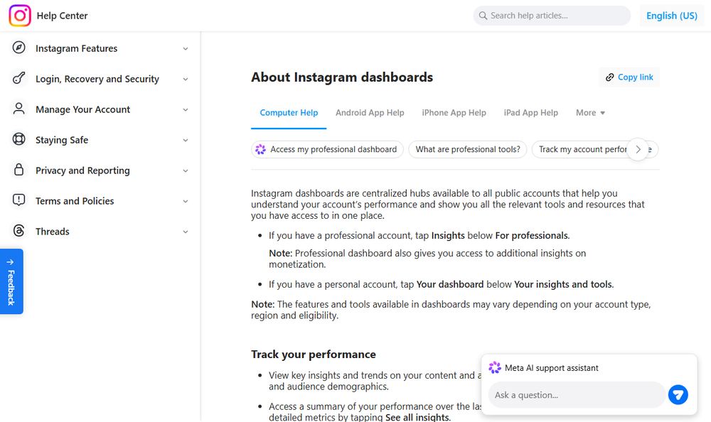 Instagram公式ヘルプのProfessional dashboard解説ページのファーストビュー