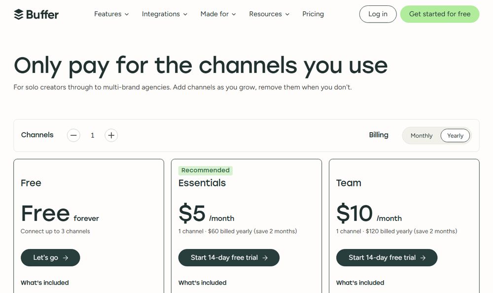 Buffer Pricing公式ページのファーストビュー