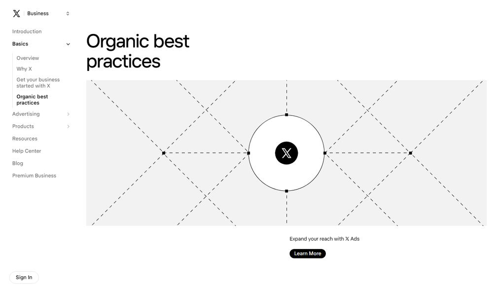 X BusinessのOrganic best practices公式ページのファーストビュー